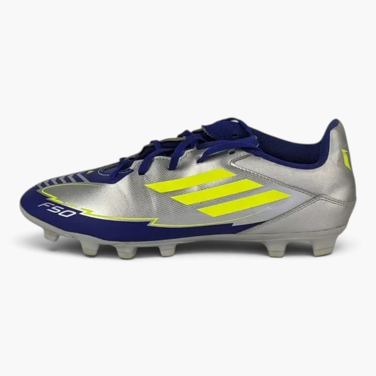 adidas unisex F50 Club FG/MG messi 'Silver Metallic / Solar Yellow / Lucid Blue'