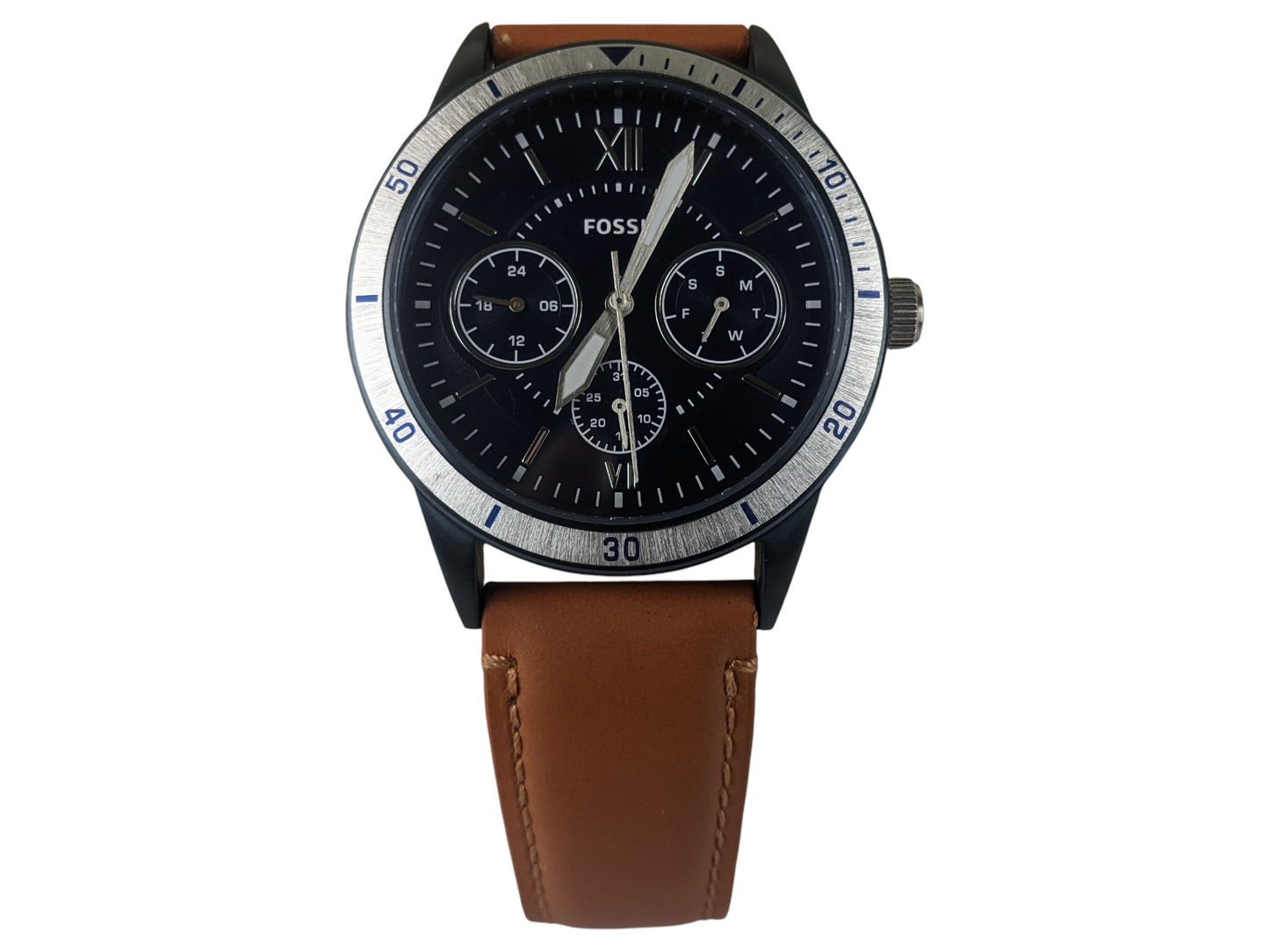 Fossil Flynn Men's Multifunction Watch – Blue Dial with Brown Leather Strap BQ2316