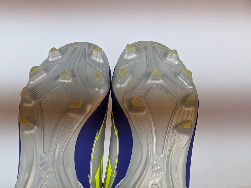 adidas unisex F50 Club FG/MG messi 'Silver Metallic / Solar Yellow / Lucid Blue'