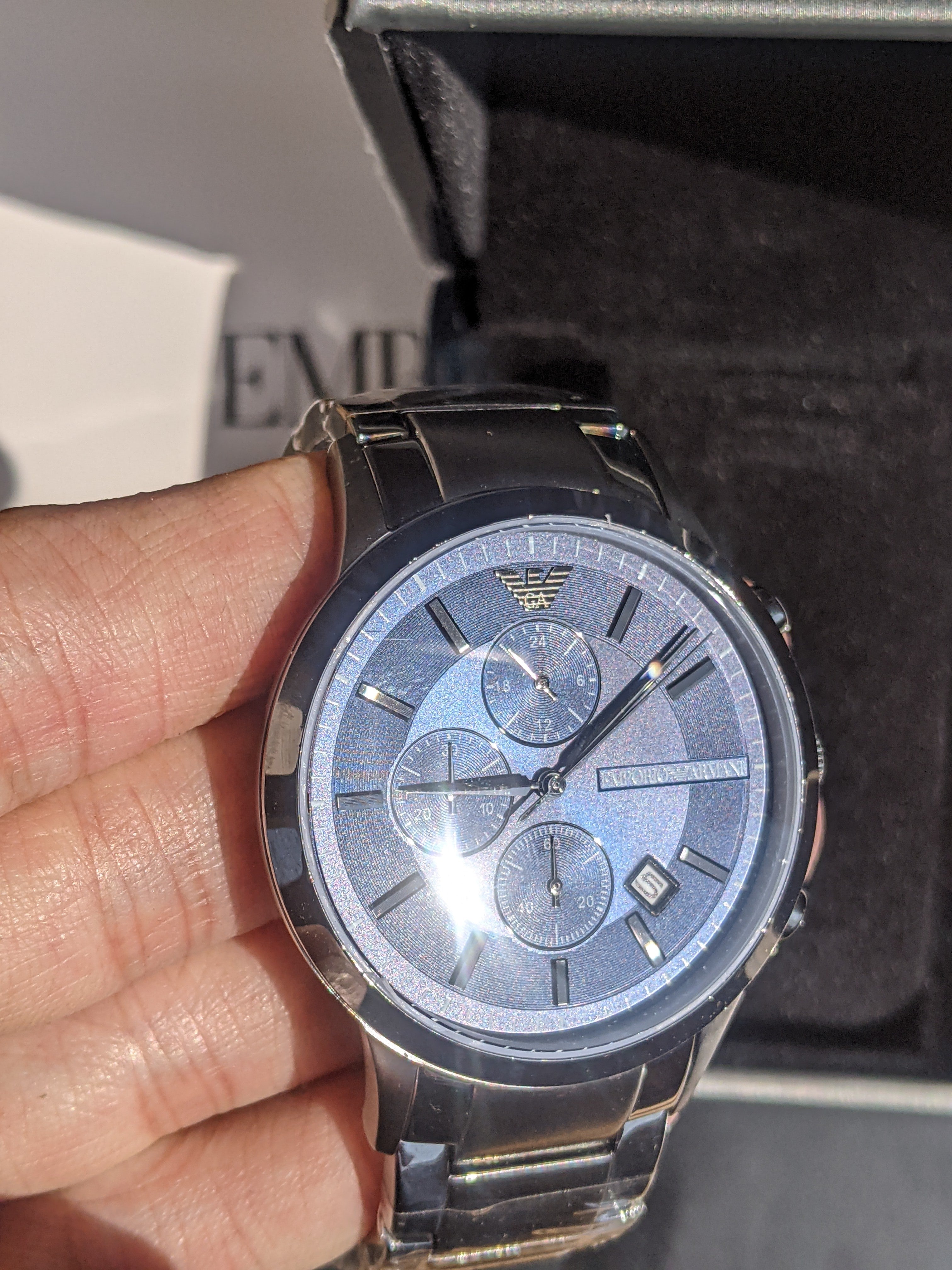 Emporio Armani RENATO Silver Stainless Steel Blue Dial Quartz Watch for Gents AR11215