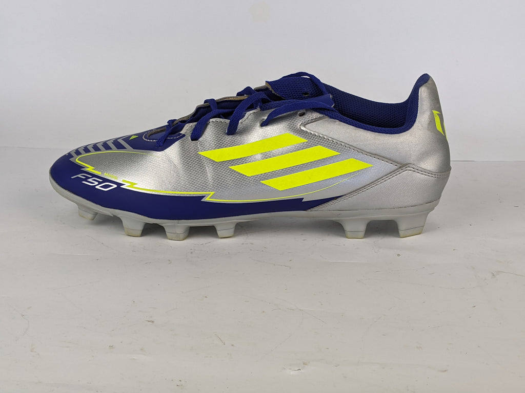 adidas unisex F50 Club FG/MG messi 'Silver Metallic / Solar Yellow / Lucid Blue'