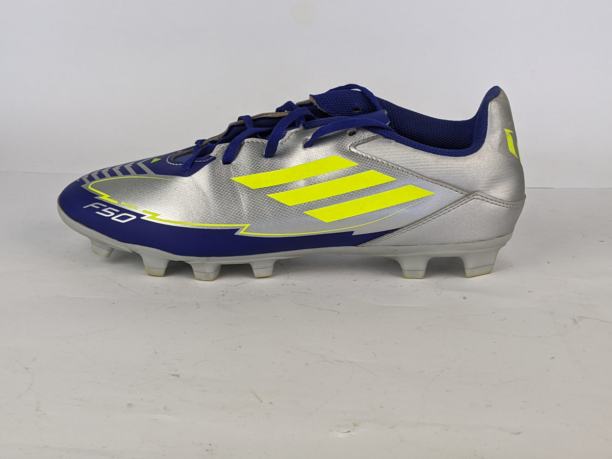 adidas unisex F50 Club FG/MG messi 'Silver Metallic / Solar Yellow / Lucid Blue'