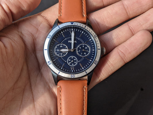 Fossil Flynn Men's Multifunction Watch – Blue Dial with Brown Leather Strap BQ2316