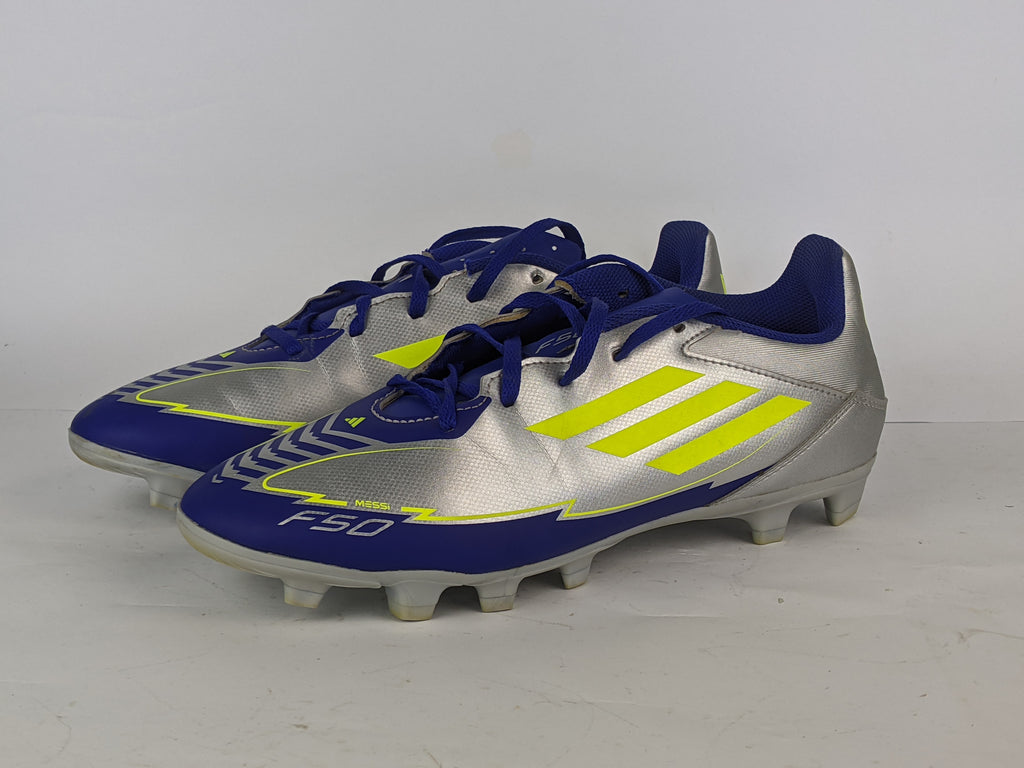 adidas unisex F50 Club FG/MG messi 'Silver Metallic / Solar Yellow / Lucid Blue'