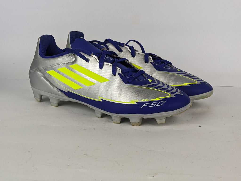 adidas unisex F50 Club FG/MG messi 'Silver Metallic / Solar Yellow / Lucid Blue'