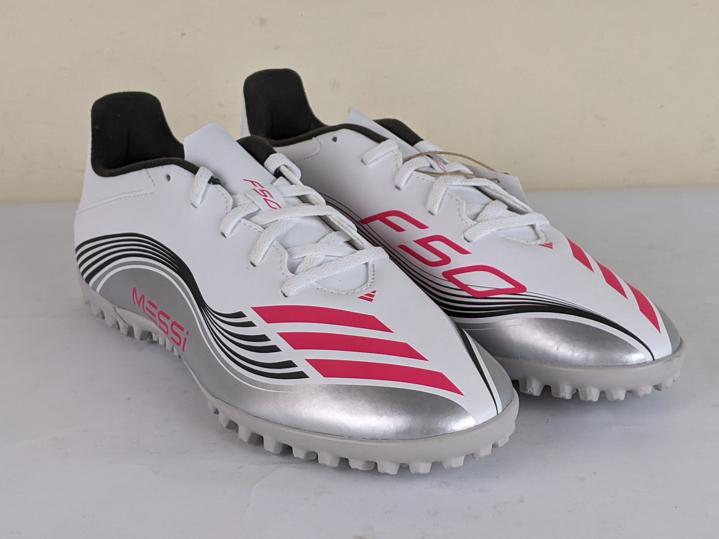 adidas F50 Messi Club TF Prestig10 - Footwear White/Lucid Red/Silver Metallic (Brand New)