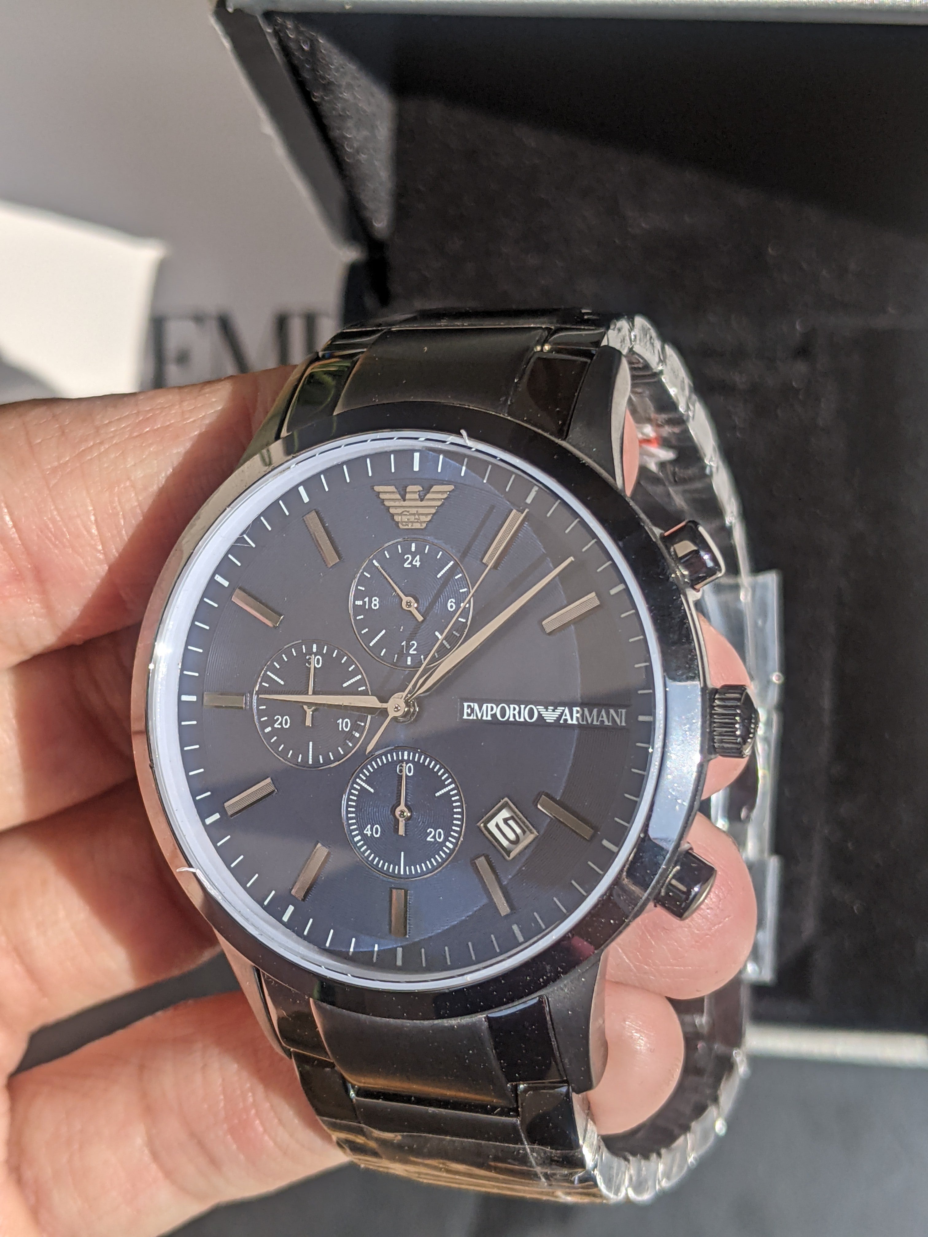Emporio Armani RENATO Silver Stainless Steel Blue Dial Quartz Watch for Gents AR11215