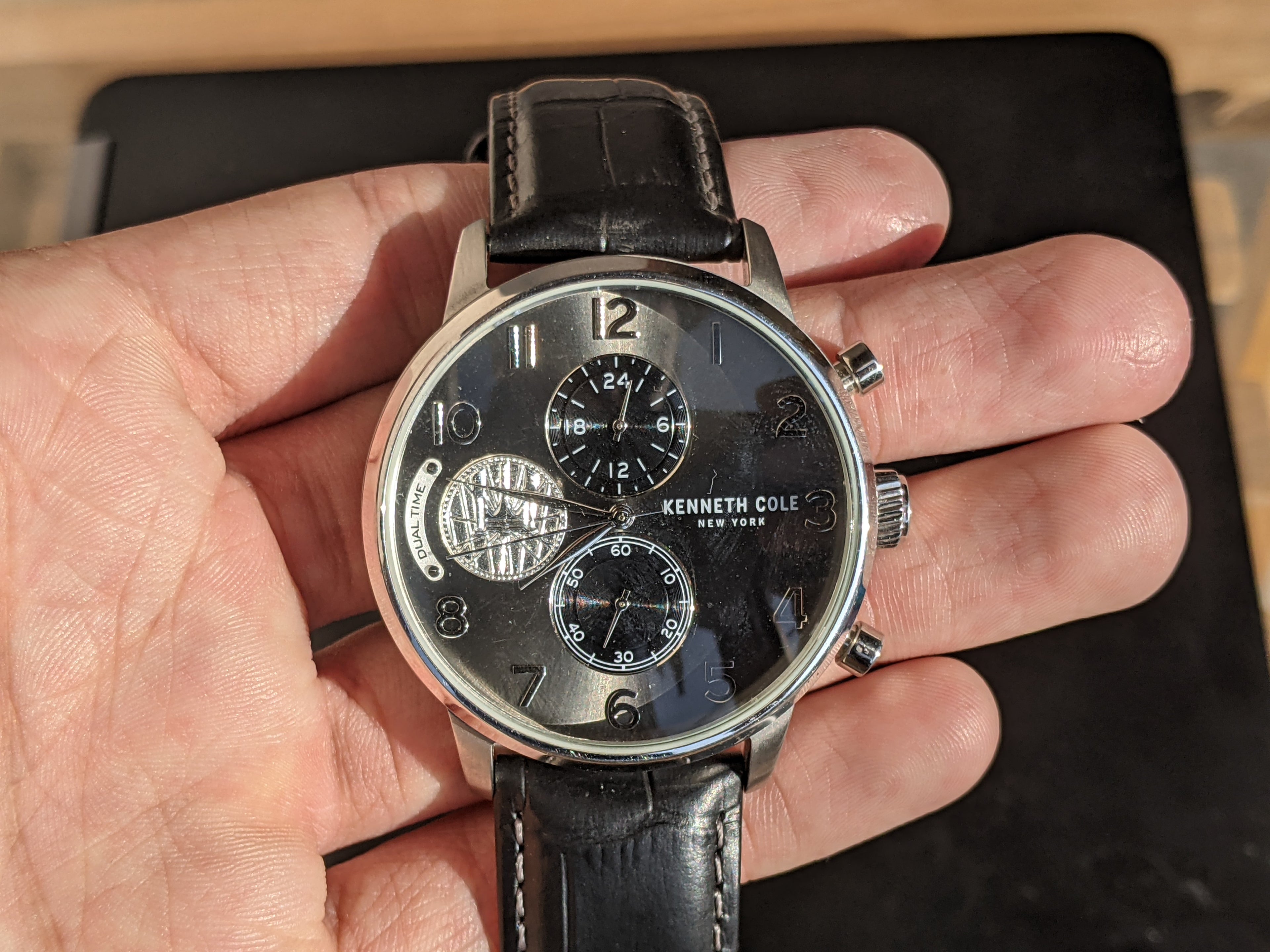 Kenneth Cole New York KC51019020 Dual Time Men's Analog Watch Black Leather
