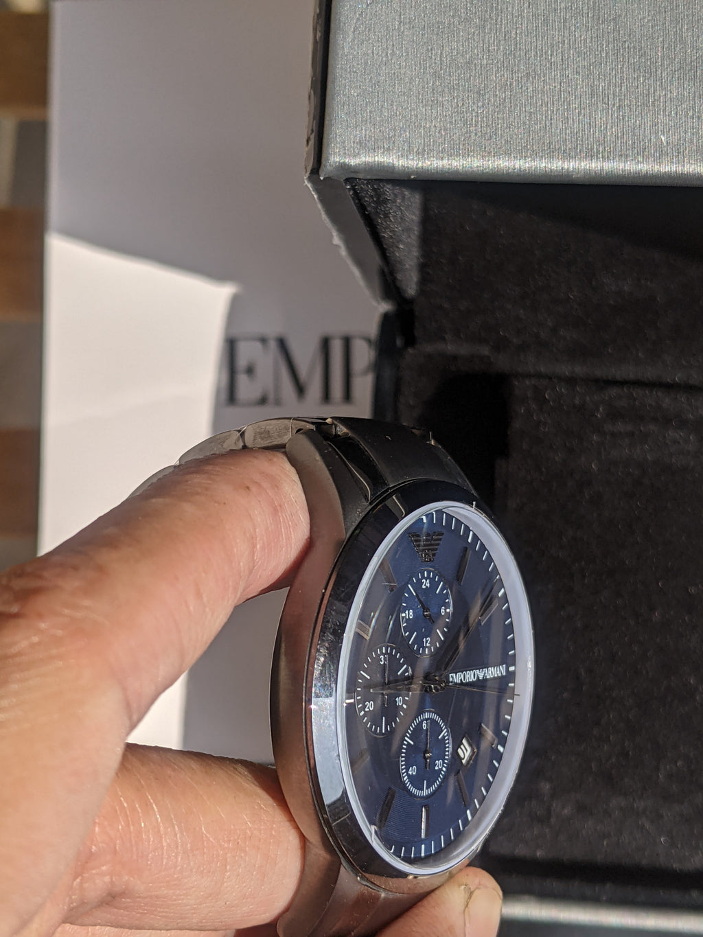 Emporio Armani RENATO Silver Stainless Steel Blue Dial Quartz Watch for Gents AR11215