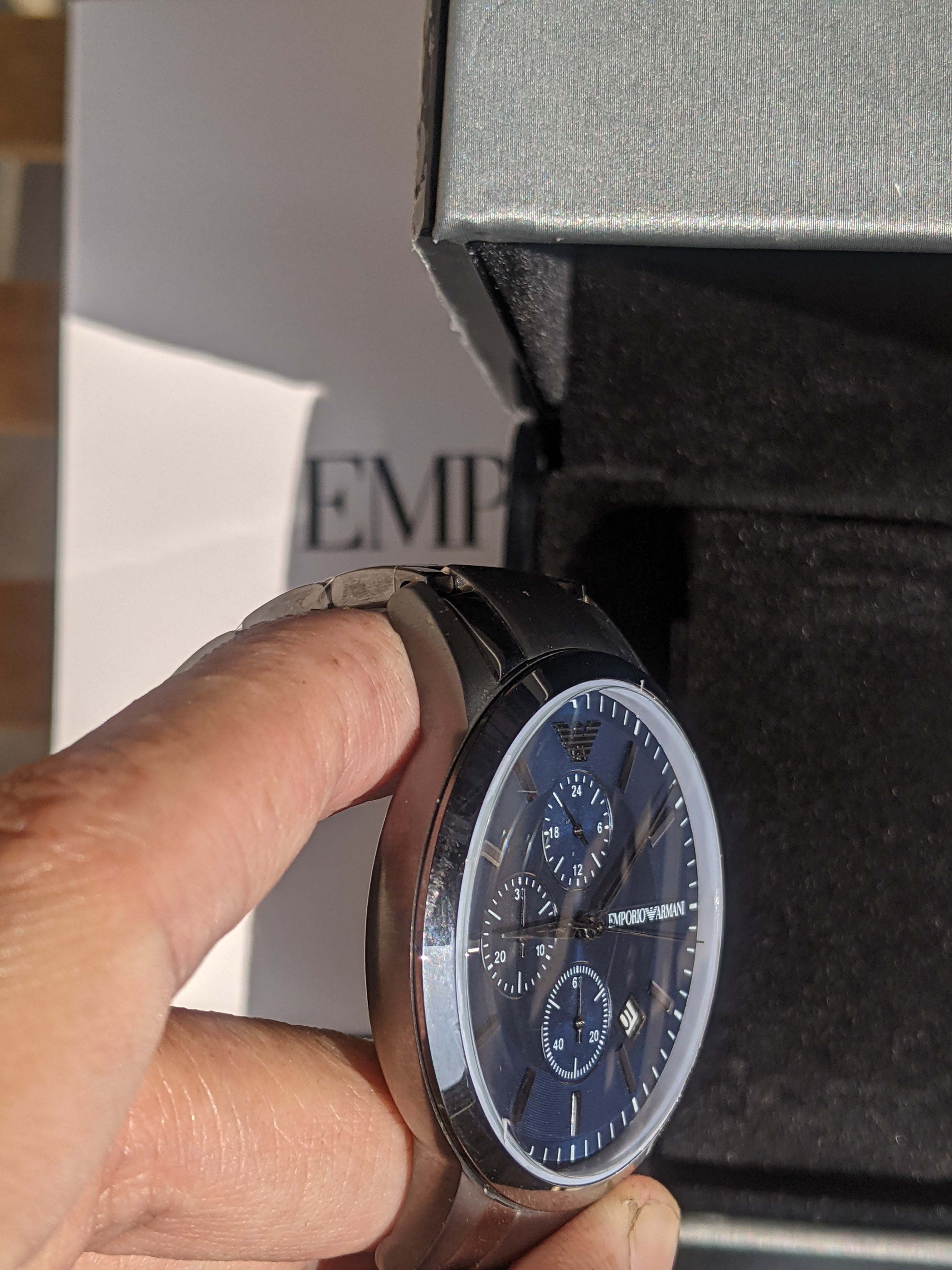 Emporio Armani RENATO Silver Stainless Steel Blue Dial Quartz Watch for Gents AR11215